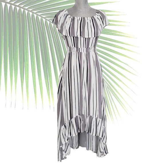 SOLD ! New Look Gray Striped Off Shoulder Casual Maxi Dress Size Small GUC - Picture 2 of 15